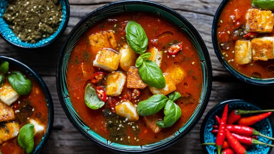 Vrzající polévka, co zahřeje. Uzená rajčatová s&nbsp;halloumi krutony, chilli & zaatarem