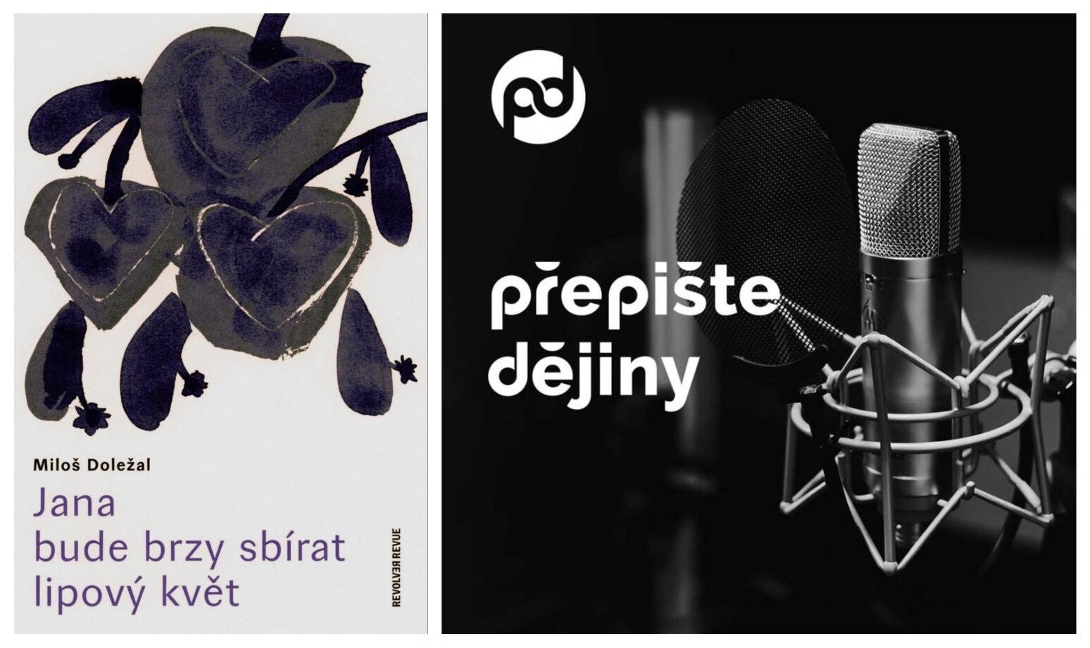Obálka knihy Jana bude brzy sbírat lipový květ a grafika podcastu Přepište dějiny