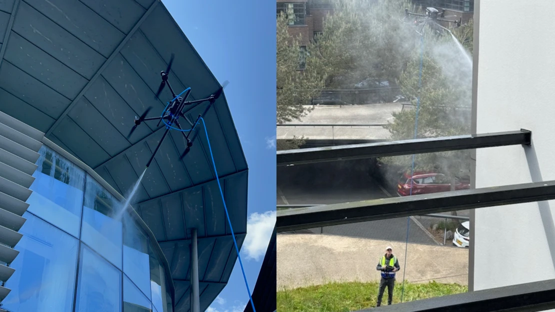 Za oknem je dron. Myje okna i fasádu, firmám se vyplatí víc než člověk