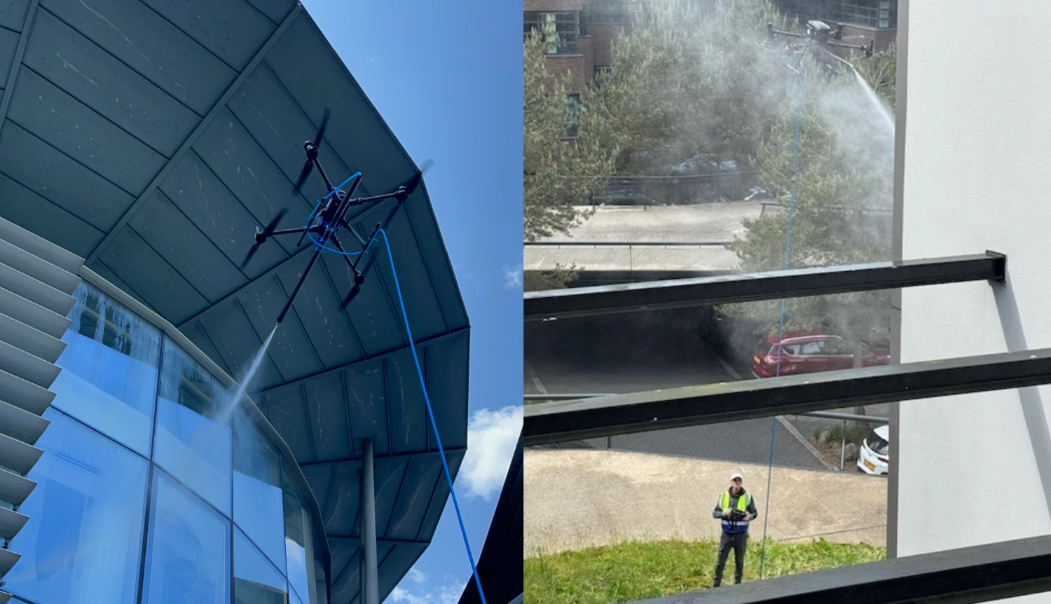 Za oknem je dron. Myje okna i fasádu, firmám se vyplatí víc než člověk